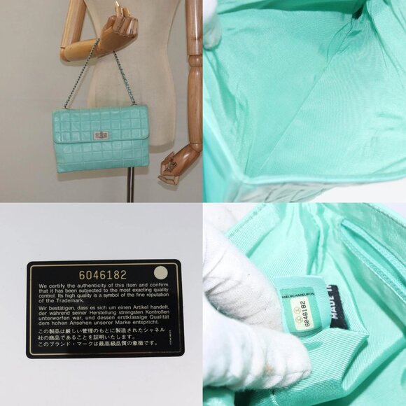 CHANEL Chain Choco Bar Shoulder Bag Lamb Skin Light Blue Silver CC Auth 126604 - Picture 14 of 15